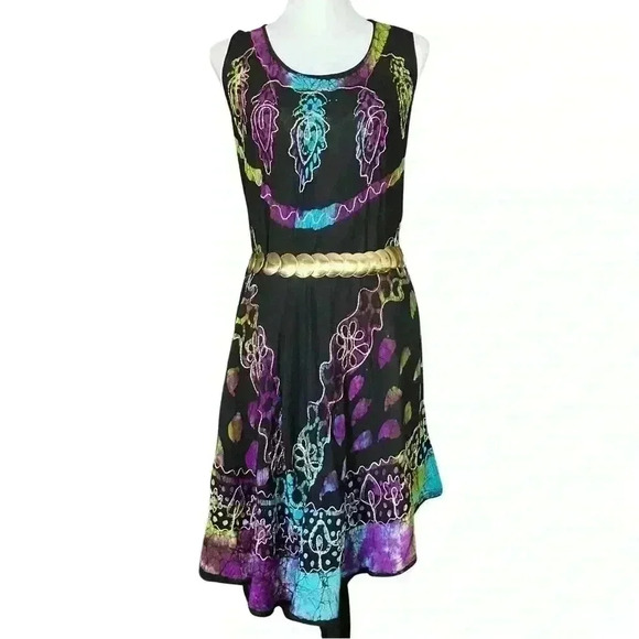 Boho Black Colorful Embroidered Semi Sheer Dress. Made in India. One Size. - Picture 2 of 12